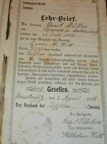 Lehrbrief / Zeugnis - Ernst Müller in Thurow , 1907/08 , Tischler Witt in Neustrelitz , Stempel Schwerin , Mecklenburg