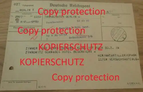 original Telegramm - Heeresversuchsanstalt Peenemünde , 1943 , Tankanlage , Raketen , V1 , V2 , Mecklenburg , HVA !!!