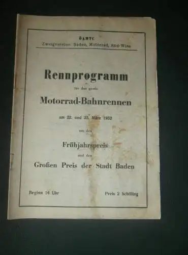 Rennprogramm Bahnrennen in Baden 1952 , Sandbahnrennen , Speedway , Wien , Programm , Programmheft !!!