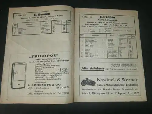 Rennprogramm Bahnrennen in Baden 1952 , Sandbahnrennen , Speedway , Wien , Programm , Programmheft !!!