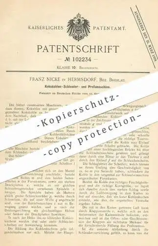 original Patent - Franz Nicke, Hermsdorf / Breslau , 1898 , Kokskohlen Schleuder- u. Presse | Kohlen , Koks , Brennstoff