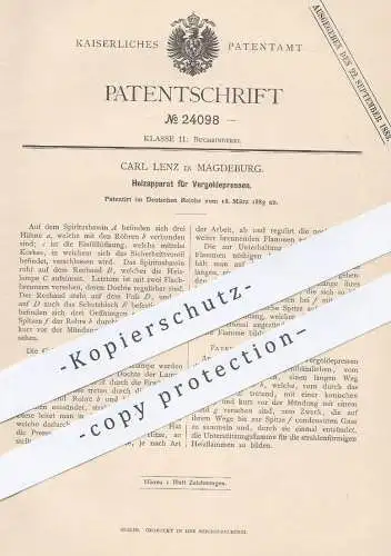 original Patent - Carl Lenz , Magdeburg , 1883 , Heizapparat für Vergoldepressen | Gold , Presse , Buchbinder , Druck !!