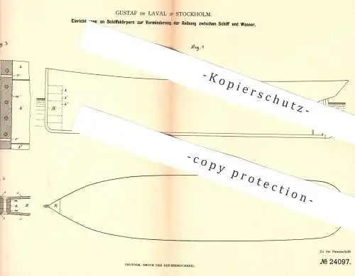 original Patent - Gustaf de Laval , Stockholm , Schweden , 1883 , Verminderung der Reibung zwischen Schiff u. Wasser !!