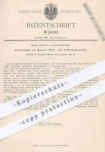 original Patent - Max Busse , Magdeburg , 1883 , Wasserofen , Heizofen , Ventilationsofen | Ofen , Öfen , Ofenbauer !!!