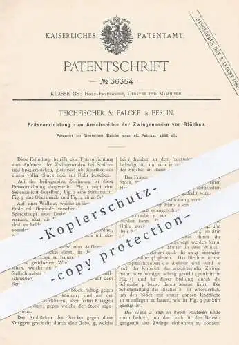 original Patent - Teichfischer & Falcke , Berlin , 1886 , Fräsvorrichtung zum Anschneiden der Enden am Stock | Fräse !!