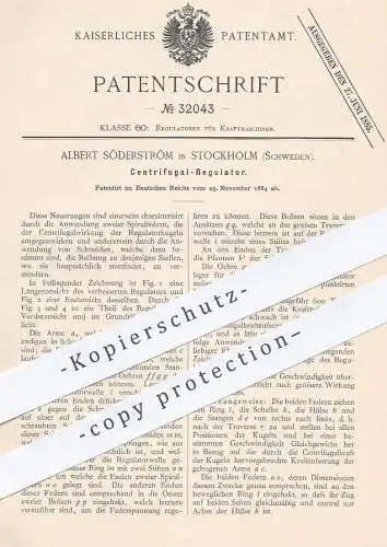 original Patent - Albert Söderström , Stockholm , Schweden , 1884 , Zentrifugal - Regulator | Regulatoren , Motor !!!