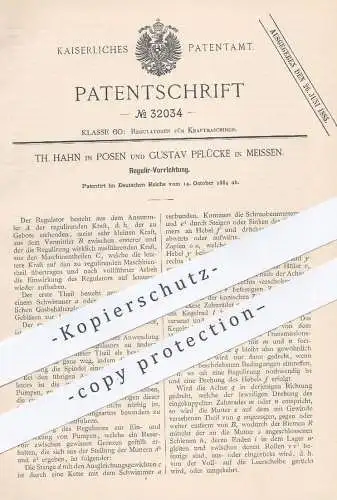 original Patent - Th. Hahn , Posen | Gustav Pflücke , Meissen , 1884 , Regulator für Kraftmaschinen | Motor , Motoren !