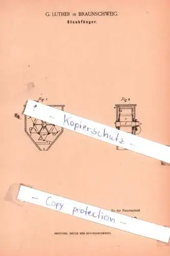 original Patent - G. Luther in Braunschweig , 1885 , Staubfänger !!!