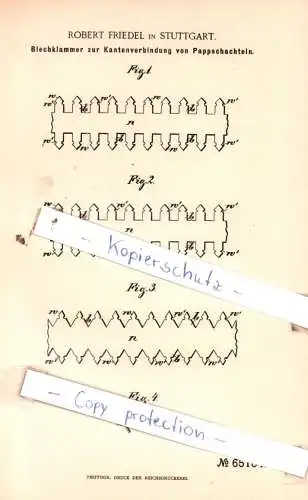 original Patent - Robert Friedel in Stuttgart , 1891 , Papiererzeugnisse !!!