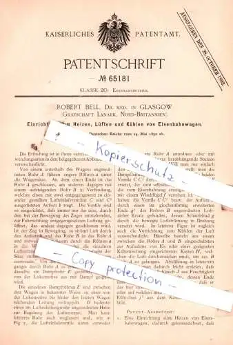 original Patent - Robert Bell, Dr. med. in Glasgow , Grafschaft Lanark, Nord-Britannien , 1892 , Eisenbahnbetrieb !!!