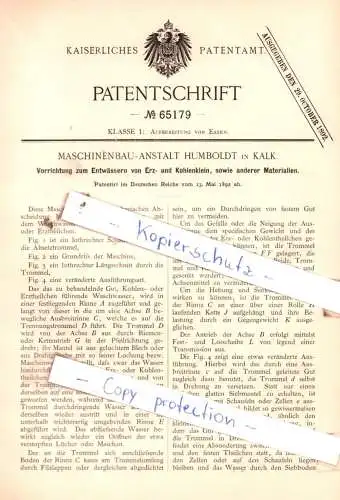 original Patent - Maschinenbau-Anstalt Humboldt in Kalk , 1892 , Vorrichtung zum Entwässern von Erz- und Kohlenklein !!!