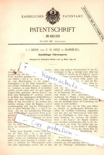 original Patent -  J. J. Meier und C. H. Hinz in Hamburg , 1892 , Selbstthätiger Thürversperrer !!!