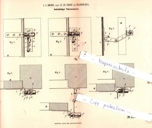 original Patent -  J. J. Meier und C. H. Hinz in Hamburg , 1892 , Selbstthätiger Thürversperrer !!!