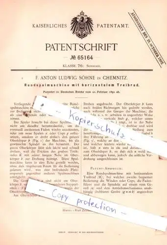 original Patent - F. Anton Ludwig Söhne in Chemnitz , 1892 , Rundspulmaschine mit Treibrand !!!