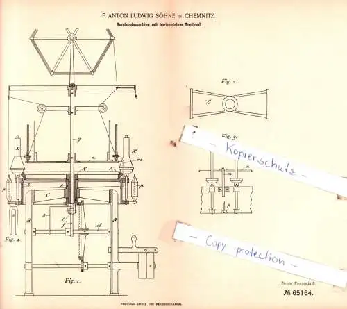 original Patent - F. Anton Ludwig Söhne in Chemnitz , 1892 , Rundspulmaschine mit Treibrand !!!