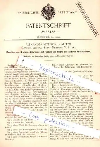 original Patent - Alexander Morison in Alpena , V. St. A. , 1891 , Spinnerei !!!