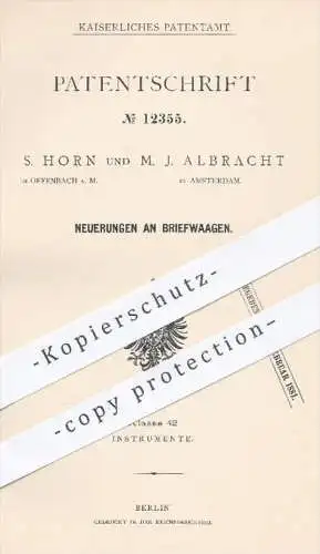 original Patent - S. Horn , Offenbach / M. J. Albracht , Amsterdam , 1880 , Briefwaage | Briefwaagen , Waage , Waagen !!