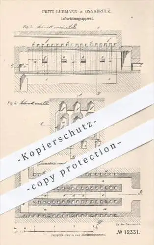 original Patent - Fritz Lürmann in Osnabrück , 1880 , Lufterhitzungsapparat | Luft erhitzen , Eisen , Eisenerzeugung !!