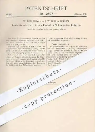 original Patent - W. Barckow , J. Weber , Berlin , 1880 , Roulettespiel mit durch Federkraft bewegten Zeigern | Roulette
