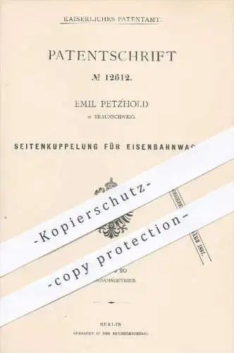 original Patent - E. Petzold , Braunschweig , 1878 , Seitenkupplung für Eisenbahnen | Eisenbahn , Kupplung , Lokomotive
