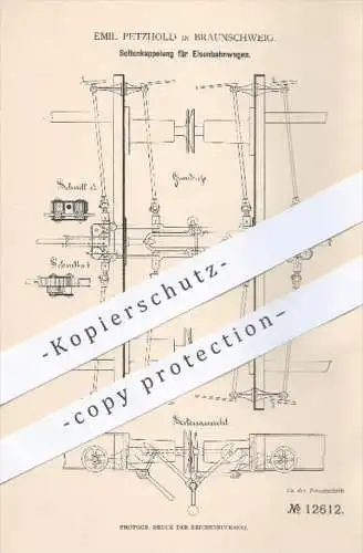 original Patent - E. Petzold , Braunschweig , 1878 , Seitenkupplung für Eisenbahnen | Eisenbahn , Kupplung , Lokomotive