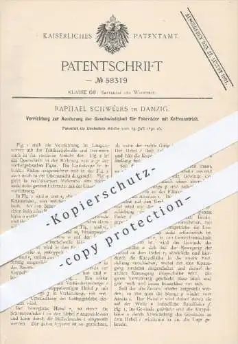 original Patent - Raphael Schwéers , Danzig  1890 , Ändern der Geschwindigkeit für Fahrräder mit Kettenantrieb | Fahrrad