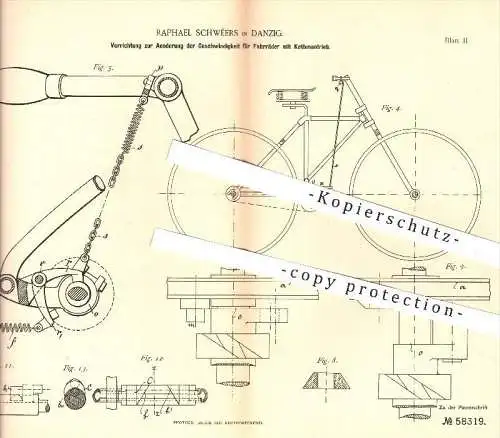 original Patent - Raphael Schwéers , Danzig  1890 , Ändern der Geschwindigkeit für Fahrräder mit Kettenantrieb | Fahrrad