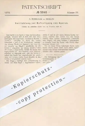original Patent - A. Bonsack in Berlin , 1878 , Befestigung von Sporen | Reitersporn , Reiterstiefel , Stiefel , Sporn !