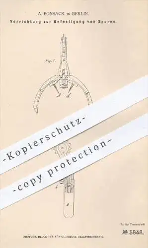 original Patent - A. Bonsack in Berlin , 1878 , Befestigung von Sporen | Reitersporn , Reiterstiefel , Stiefel , Sporn !