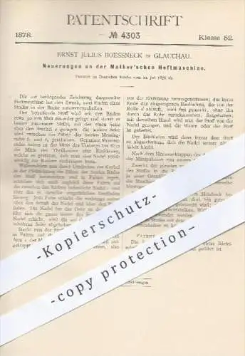 original Patent - Ernst J. Boessneck , Glauchau , 1878 , Mather'sche Heftmaschine | Mather , Nähmaschine , Nähen !!