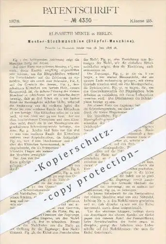 original Patent - Elisabeth Mente in Berlin , 1878 , Muster - Stechmaschine | Stüpfel - Maschine | Stopfen , Stricken !!