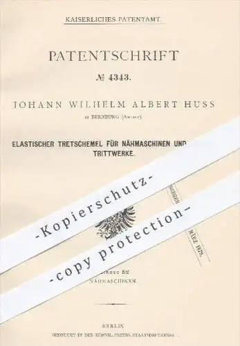 original Patent - J. W. A. Huss , Bernburg , 1878 , Elastischer Tretschemel für Nähmaschinen , Trittwerke | Nähmaschine