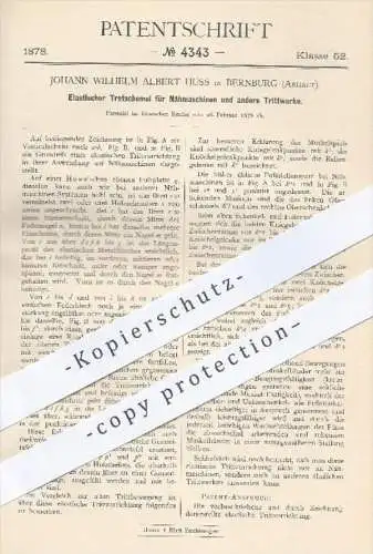original Patent - J. W. A. Huss , Bernburg , 1878 , Elastischer Tretschemel für Nähmaschinen , Trittwerke | Nähmaschine