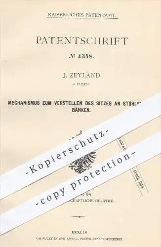 original Patent - J. Zeyland , Posen , 1878 , Verstellen von Sitz am Stuhl oder Bank | Stühle , Bänke , Möbel , Tischler