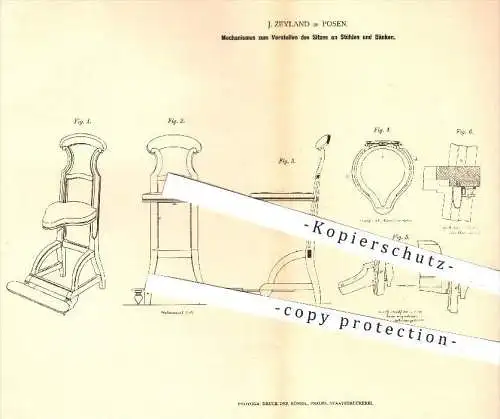 original Patent - J. Zeyland , Posen , 1878 , Verstellen von Sitz am Stuhl oder Bank | Stühle , Bänke , Möbel , Tischler