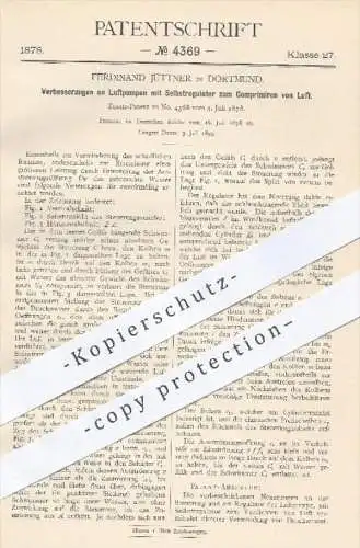 original Patent - F. Jüttner , Dortmund , 1878 , Luftpumpen mit Selbstregulator zur Luft - Kompression | Regulator !!