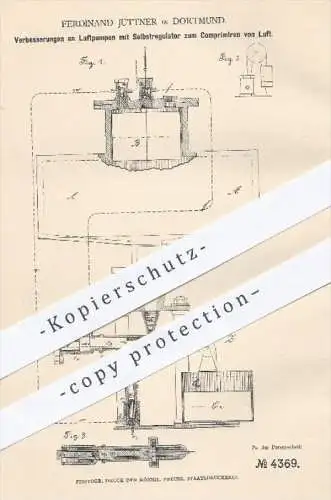 original Patent - F. Jüttner , Dortmund , 1878 , Luftpumpen mit Selbstregulator zur Luft - Kompression | Regulator !!
