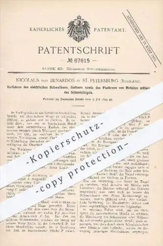 original Patent - N. von Benardos , St. Petersburg Russland , 1892 , Verfahren zum elektr. Schweißen , Gießen | Metall !