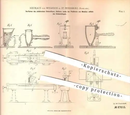 original Patent - N. von Benardos , St. Petersburg Russland , 1892 , Verfahren zum elektr. Schweißen , Gießen | Metall !