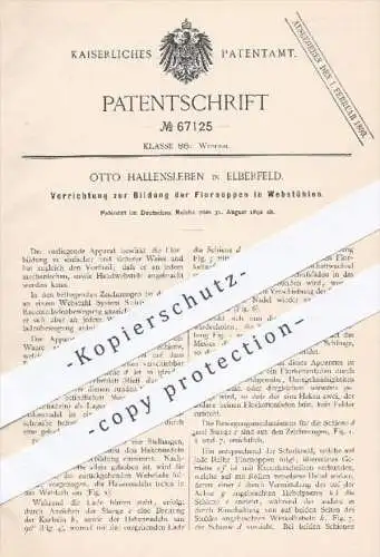 original Patent - Otto Hallensleben in Eberfeld , 1892 , Bildung der Flornoppen im Webstuhl | Webstühle , Weben , Weber