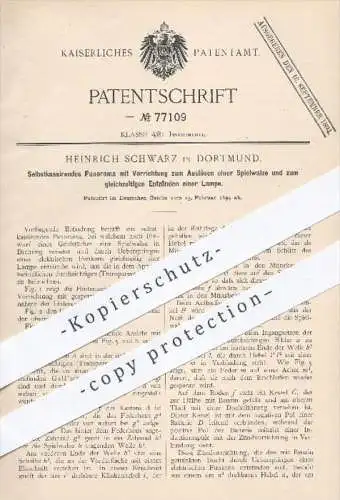 original Patent - Heinrich Schwarz in Dortmund , 1894 , Selbstkassierendes Panorama zum Entzünden einer Lampe | Licht !