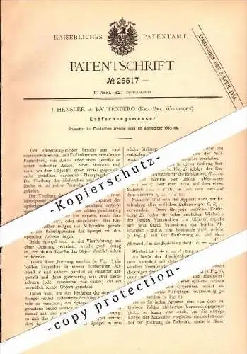 Original Patent - J. Hensler in Battenberg / Eder b. Wiesbaden , 1883 , Entfernungsmesser !!!