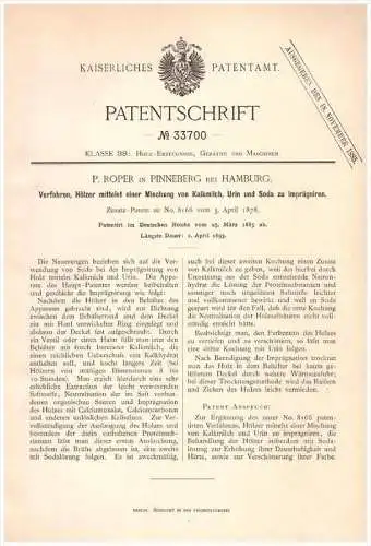 Original Patentschrift - P. Roper in Pinneberg , 1885 , Holz - Imprägnierung mit Urin und Soda , Forst , Tischlerei !!!