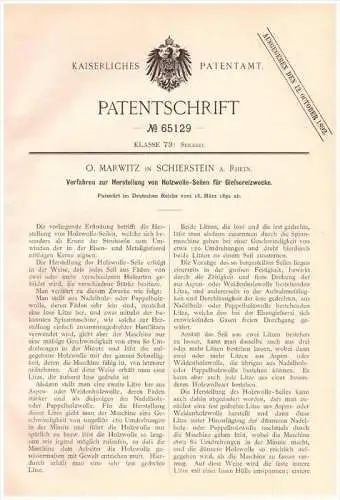 Original Patentschrift -  O. Marwitz in Schierstein a. Rhein , 1892 , Herstellung von Holzwolleseilen für Gießerei !!!