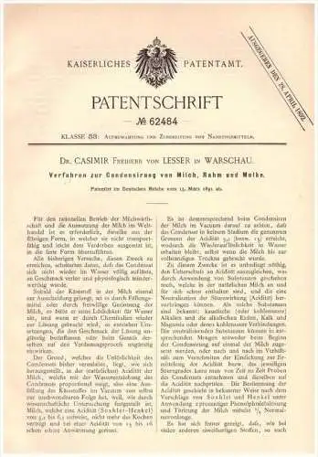 Original Patentschrift -  Dr. C. Freiherr von Lesser in Warschau , 1891 , Condensierung von Milch , Molke und Rahm !!!