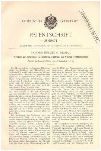 Original Patentschrift -  R. Herwig in Weimar , 1891 , Herstellung von Fischmehl , Fisch , Fische !!!