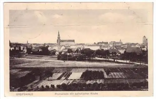 alte AK , Greifswald , 1917 , Promenade mit katholischer Kirche , Mecklenburg !!!