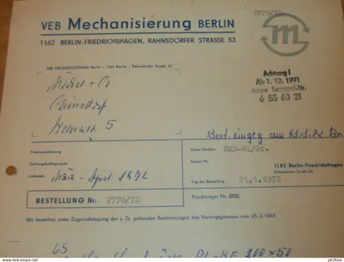VEB Mechanisierung Berlin - Friedrichshagen , 1972 , Herr Goerlitz , Herr Will , altes Dokument , Reklame / Werbung !