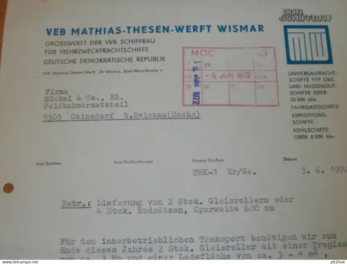 VEB Mathias Thesen Werft in Wismar , 1972 , Herr Zimmermann , Herr Perlebach , altes Dokument , Reklame / Werbung !