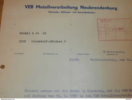 VEB Metallverarbeitung Neubrandenburg , 1972 , Herr Michael , altes Dokument , Reklame / Werbung !